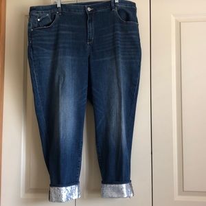 Chico Size 4 Silver Boyfriend Jeans with Silver Sequin Cuff